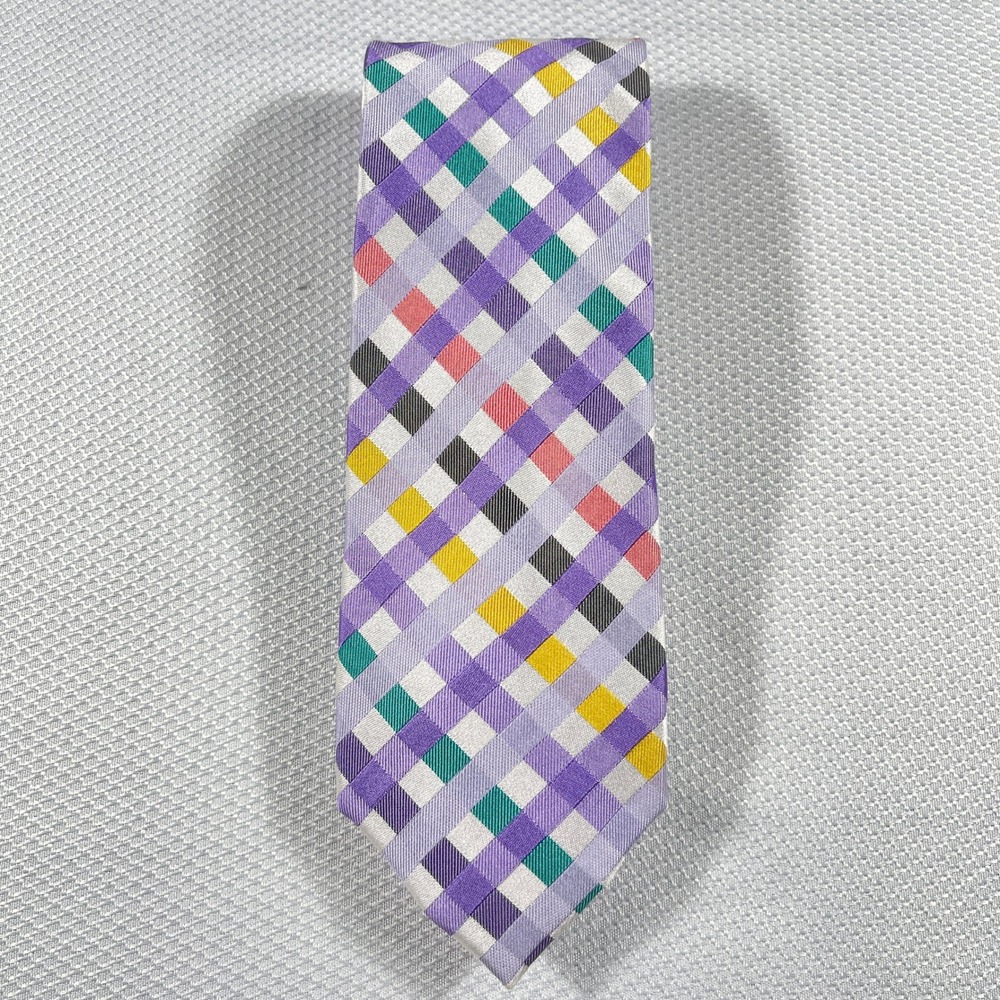 Paul Fredrick Mens Silk Necktie‎ Purple Multi Color Checkered Geometric Pattern